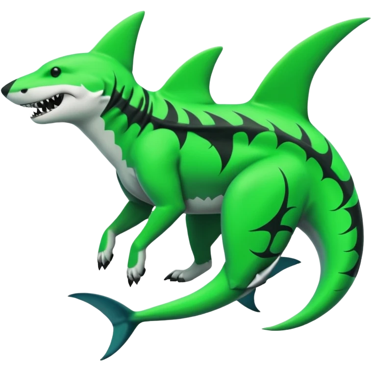 Edgy cool badass Neon-green landhai-sergal-dingo, with a shark tail, with black and dark-green swirly patterns markings emoji