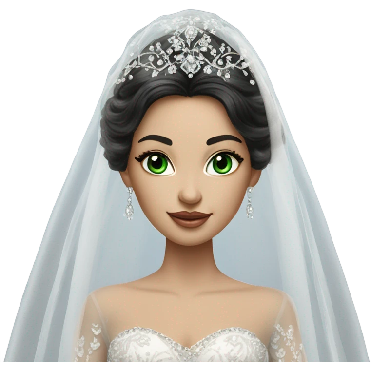 Hyper Realistic ornate ballgown long sleeve Wedding dress with diamanté on Russian bride with green eyes and long black hair with veil hyper realistic  emoji