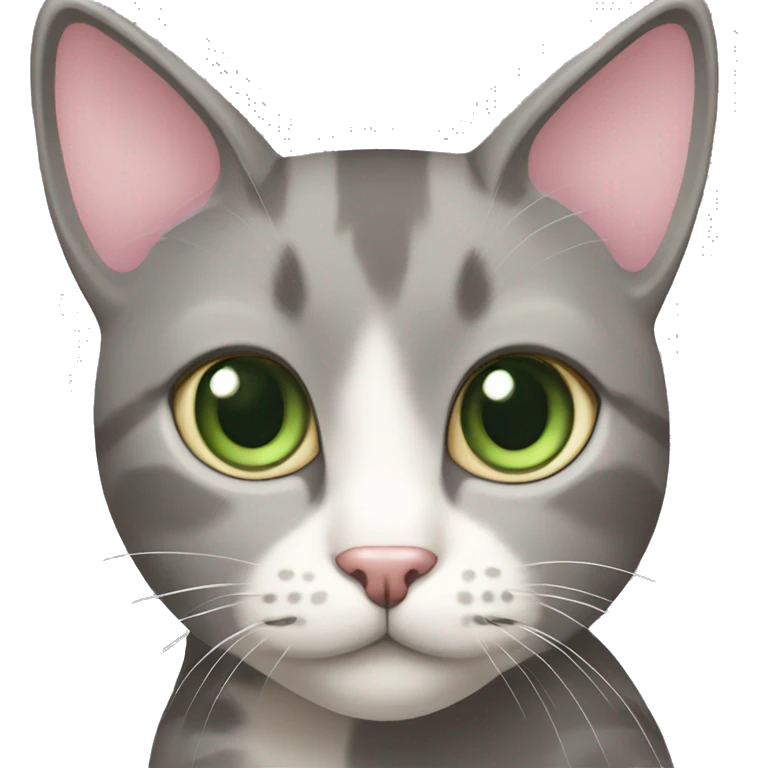 grey and tan cat with cream pattern on her forehead. Green eyes and a pink nose emoji