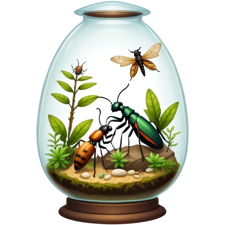 Close-up of home insects inside a terrarium, showcasing beetles, praying mantises, and other exotic species in vivid detail, with natural textures of the terrarium. Soft lighting highlights their features. Transparent background. emoji