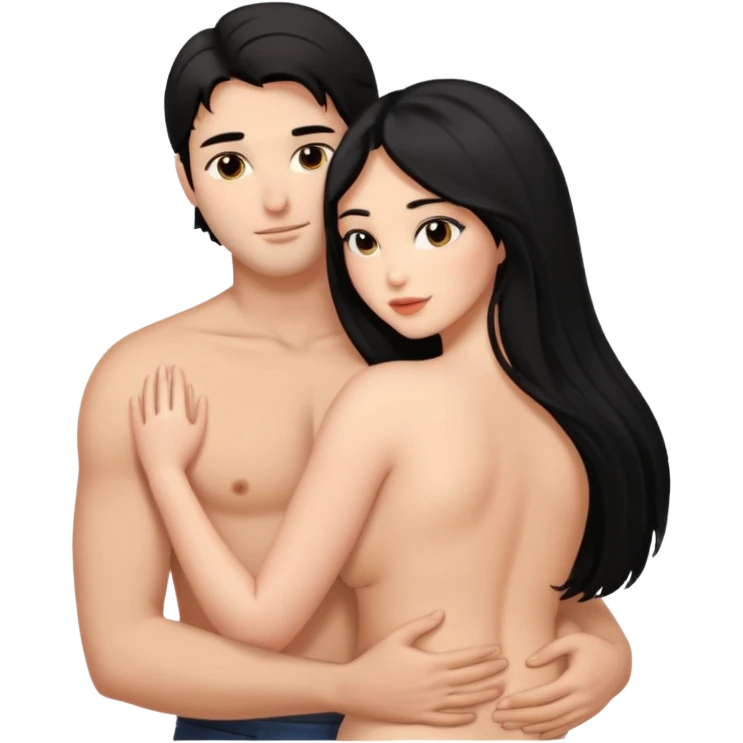 Мужчина и женщина голые в обнимку, у него тёмныеволосы, у неё черные длинные волосы. У неё большие сиски и большая жопа. Он по росту длинее emoji