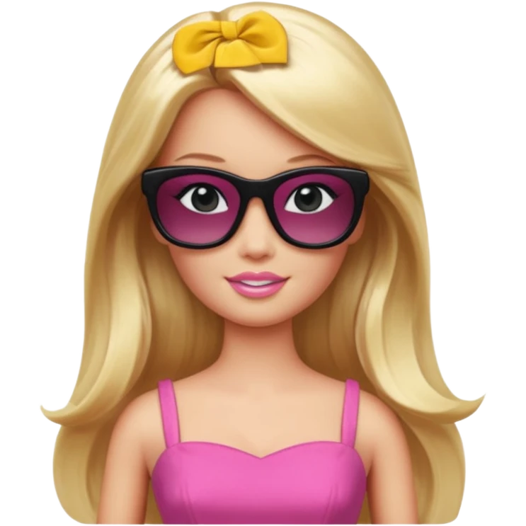 barbie with long blonde hair wear black sun glasses, pink dress emoji