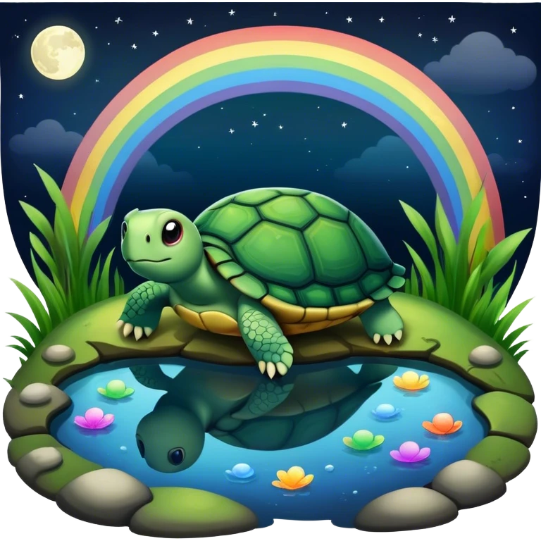 Turtle in pond with night sky dark moon and rainbow emoji