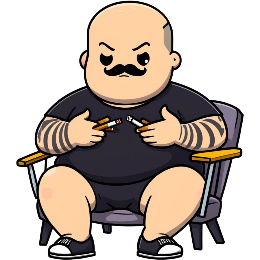 Overweight man sitting back in chair with legs spread, holding cigarette, exposed belly, round face, very short buzzcut hair, short beard with mustache, black t-shirt with light stripes on top, black shorts, tattooed arms emoji