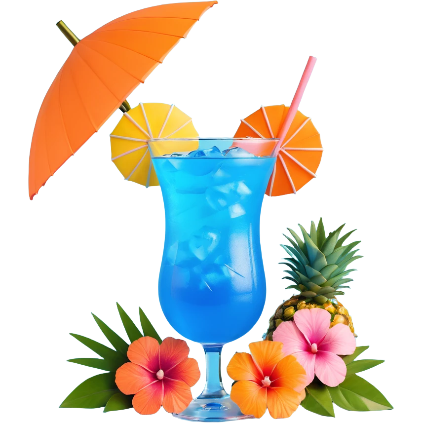 blue tropical cocktail with hibiscus, pineapple, and tiny pastel paper umbrella garnishes emoji