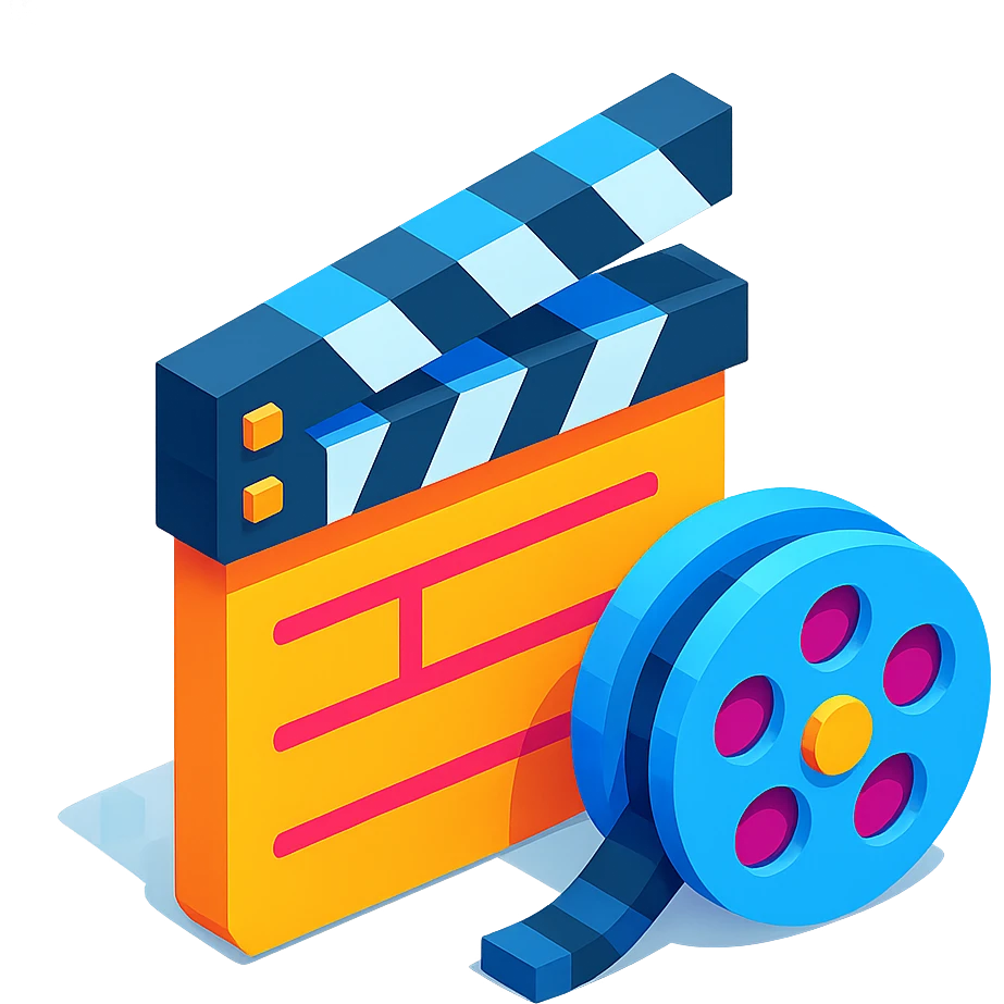 movie clapperboard with film reel, isometric view emoji