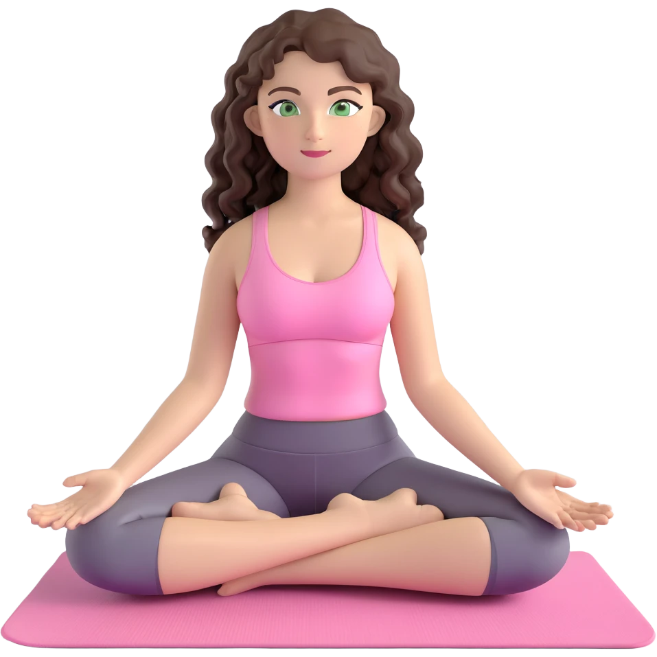 beautiful girl with long curly dark brown hair, green eyes, in light pink yoga outfit, sitting on a yoga mat, emoji style emoji