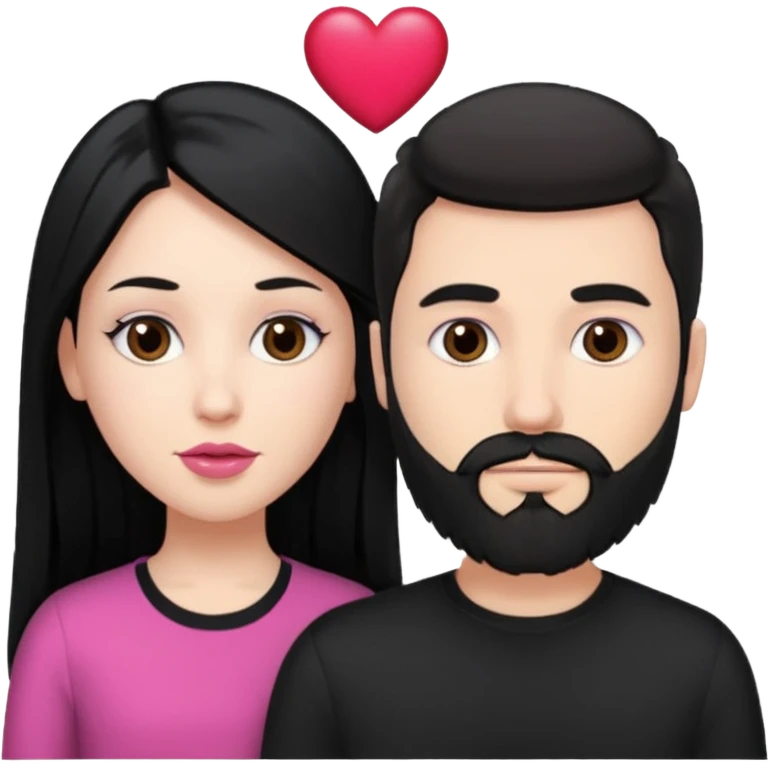 👩🏻‍❤️‍💋‍👨🏻 this one but the man should be bald. white woman with long black hair and white bald young man whoitiut hair and a heart between their heads. she has pink lips and both have brown eyes. he has e full beard but short. both wear black  emoji