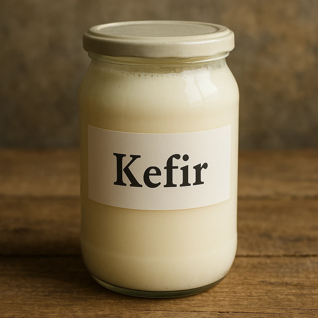 photo realistic jar of kefir with the label 'Kefir' in Italian emoji