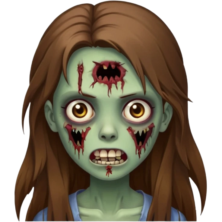 Girl zombie with brown long hair with teeth and serious face IOS style emoji
