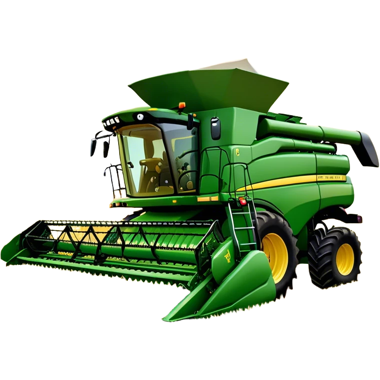 John Deere S780 (2021) – Cinematic-realistic John Deere S780 combine harvester, its bold green frame towering over golden wheat fields. The powerful header swallows crops effortlessly as grain fills the tank, while the setting sun casts a warm glow over the vast farmland. emoji
