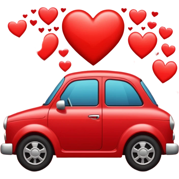 red car surrounded by hearts and wavy vibration marks, apple style emoji emoji