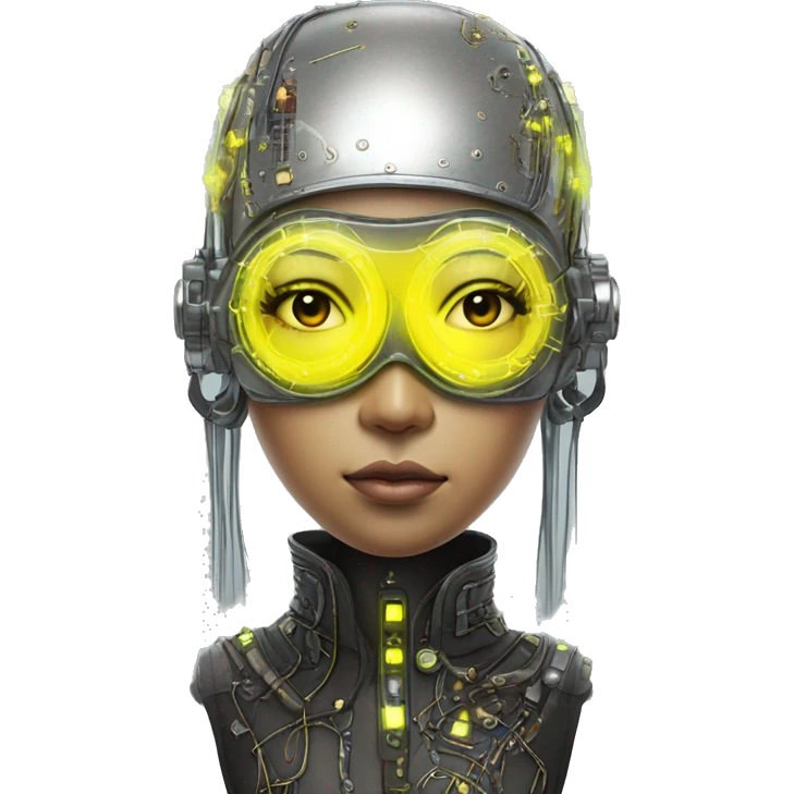 Neon yellow bobbed hair Asian female cyborg head with silver steampunk goggles and circuits emoji