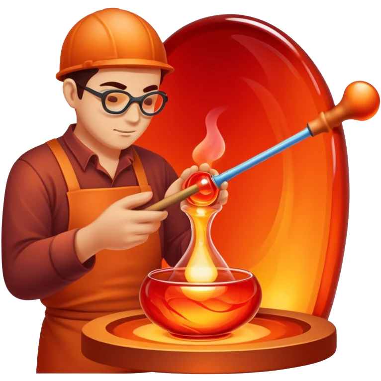 Glassblowing and casting icon, artisan shaping molten glass with a blowpipe, glass being poured into a mold, glowing red-hot glass, delicate patterns, minimalistic style, clean lines, transparent background. emoji