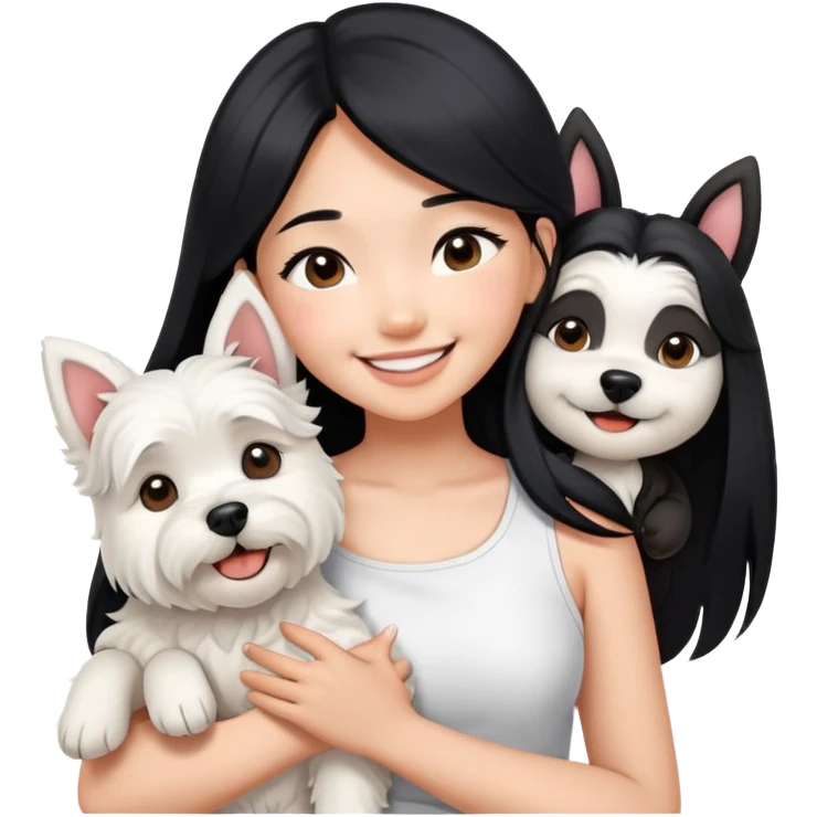 A asain girl with long black hair. She is wearing a white crop top. she is smiling and hugging a west highland terrier with big ears  emoji