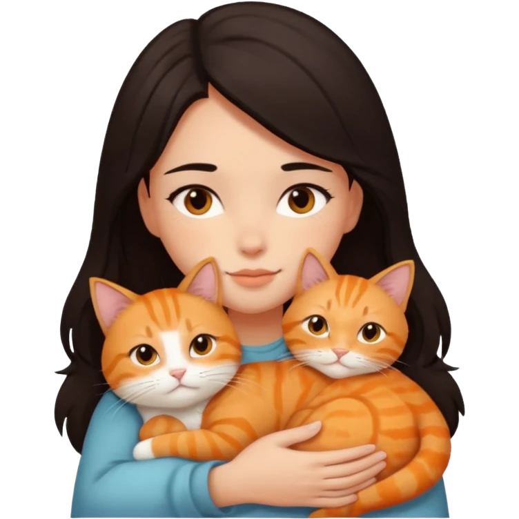 dark-black-brown-hair-to-shoulder girl with brown eyes snuggled with orange tabby cat emoji