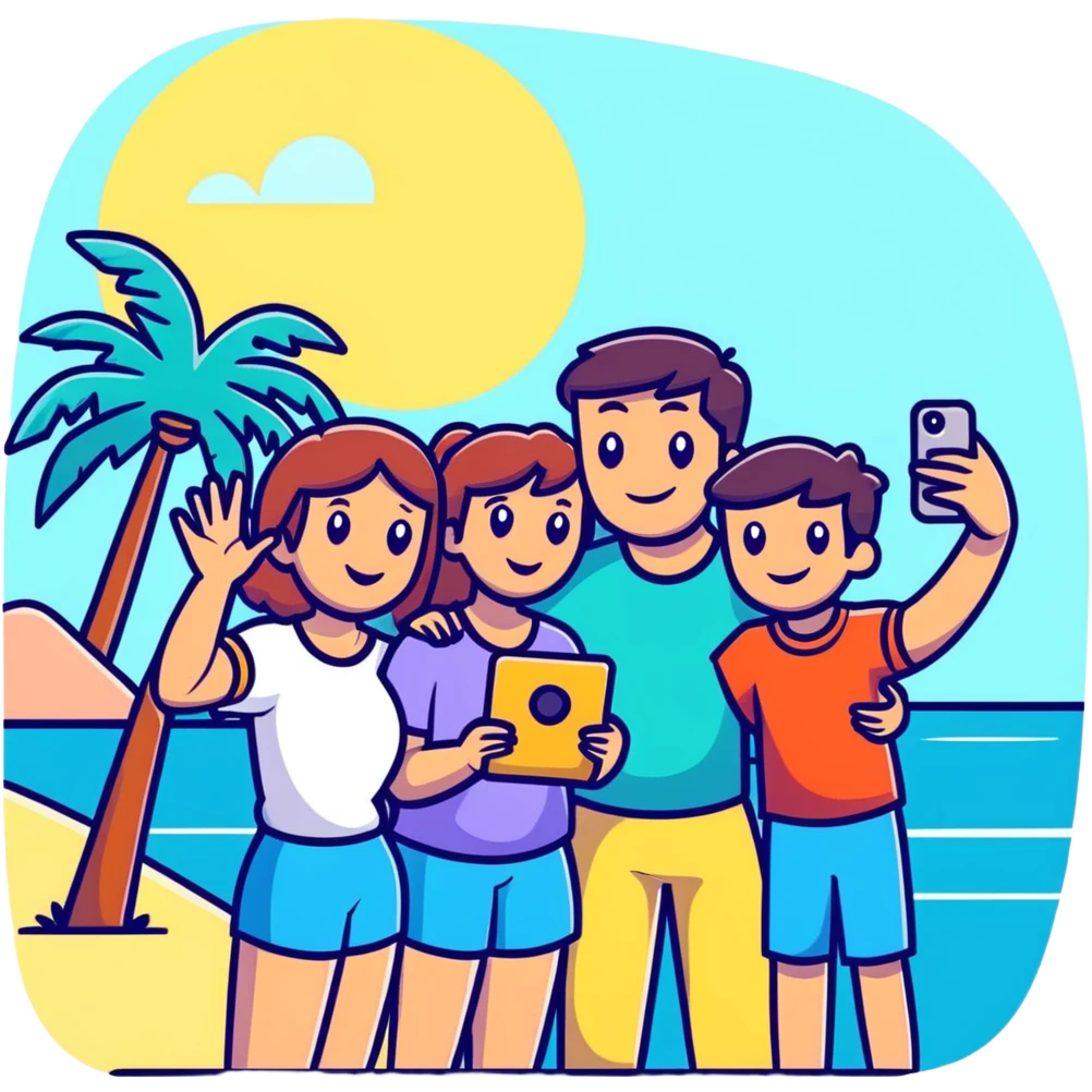 family taking a selfie with palm trees and ocean emoji