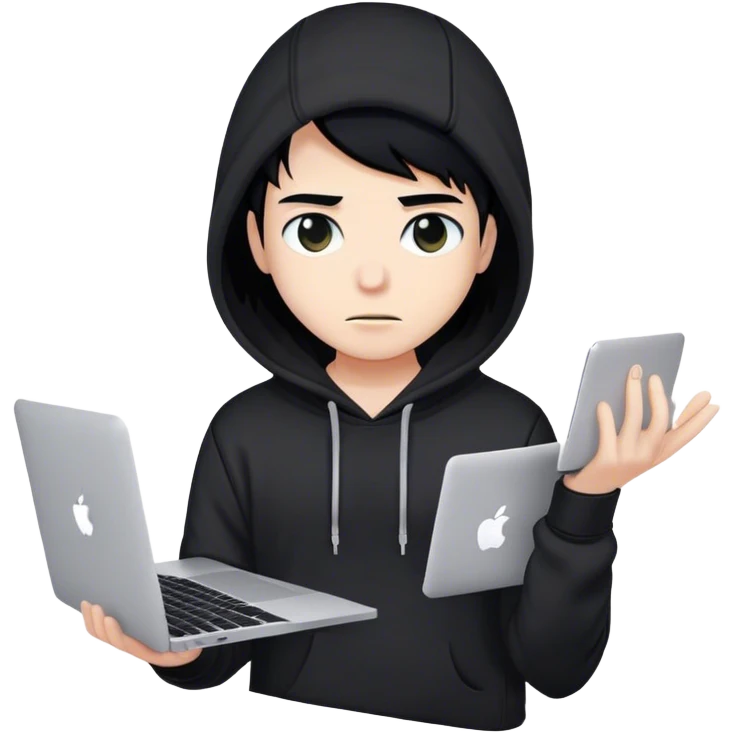 hackeur blanc cheveux noir et capuche noir avec un macbook emoji