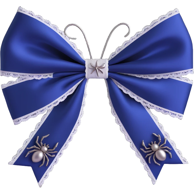 gothic bow, midnight blue silk, silver spider charm, lace trim, mysterious and rich emoji