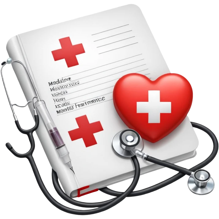 An icon featuring a red cross, a stethoscope, and a syringe, symbolizing medicine. The design includes a medical book, a heartbeat monitor, and a pill, representing the study and practice of healthcare, diagnostics, and treatment. Transparent background highlights the science of healing. emoji