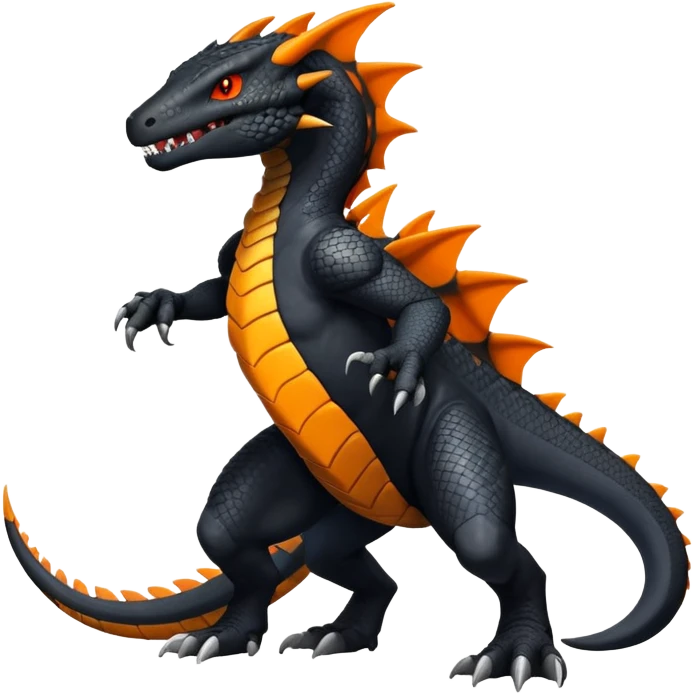 Black Salandit-Tyrunt-Greymon-Fakémon-creature-hybrid with orange belly (full body) emoji