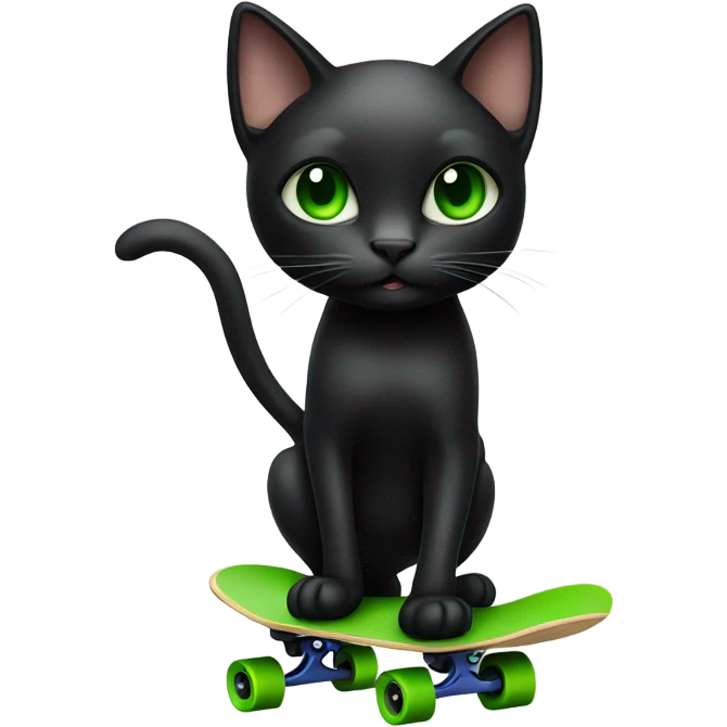 Black cat with green eyes riding a skateboard  emoji