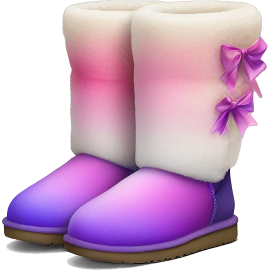 Realistic pair of pink to purple ombre fur Ugg boots with silk ribbon bows. emoji