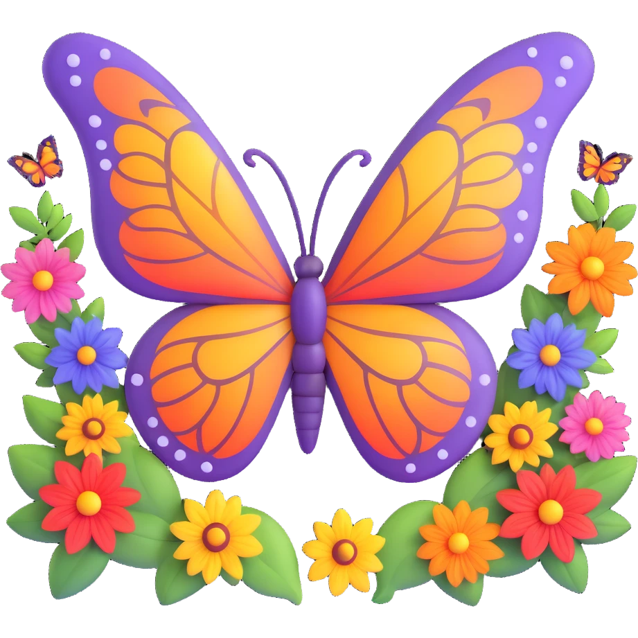 Add various colorful flowers and decorative nature motifs around the butterfly, maintaining the magical, 3D cartoon, digital fantasy art style with transparent background and all existing effects (glowing outline, sparkling accents, magical particles, elegant wings). emoji