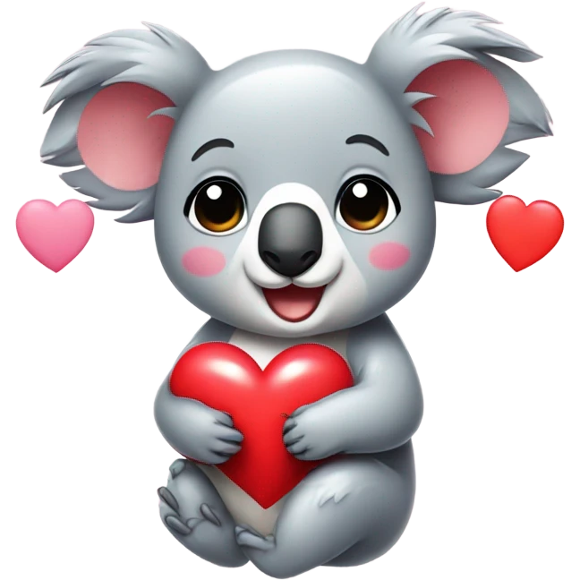A really adorable koala in kawaii style holding a cartoon heart emoji