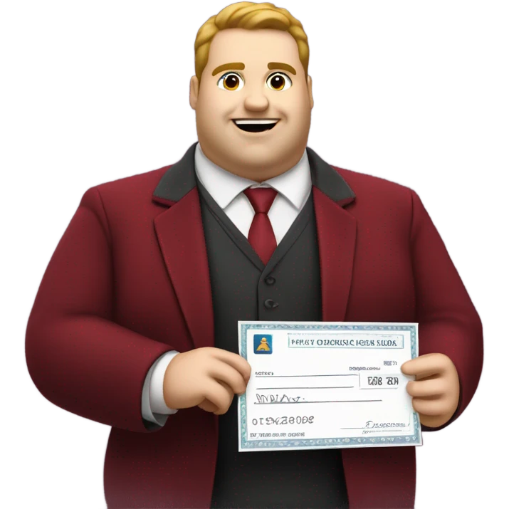fat guy in dark red velvet suit holding cheque emoji