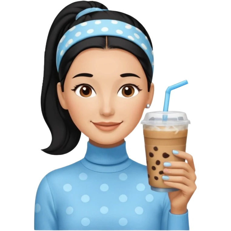  tan skin woman with long face, and very short black hair slicked back ponytail with forehead showing, with black polka dot headband, wearing solid light blue turtleneck shirt, drinking iced coffee, smiling with middle parted hair emoji