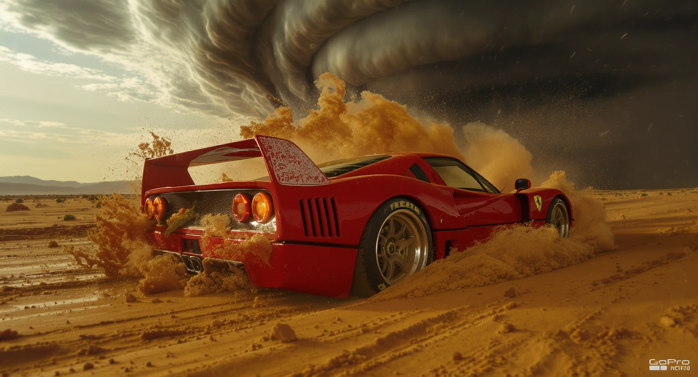 Cinematic still of a ferrari f40 around tornado od arizona desert, sun flare, captured by gopro hero with effect fisheye, water drops on car body, detailed emoji