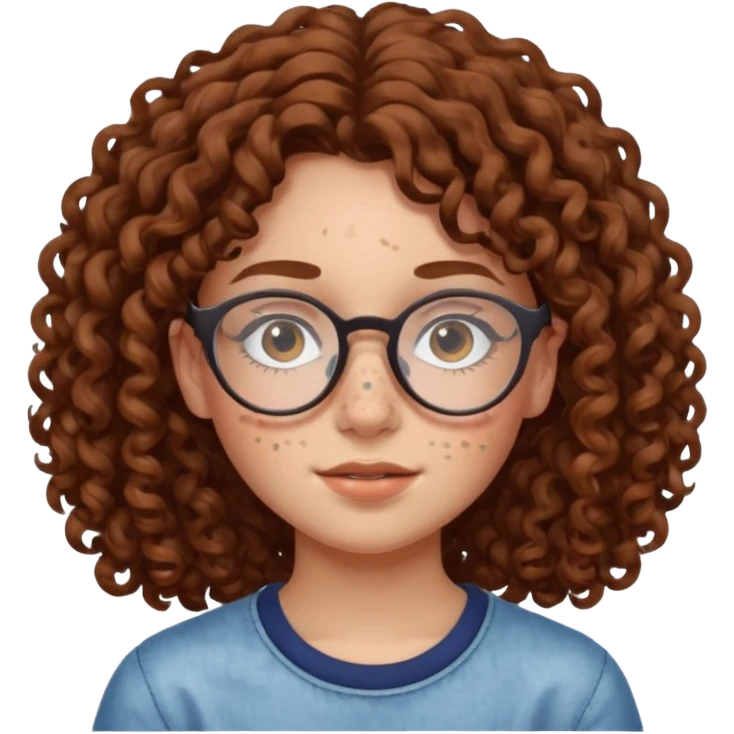 make a really curly hair, teen girl with glasses and late acne that looks like freckles emoji