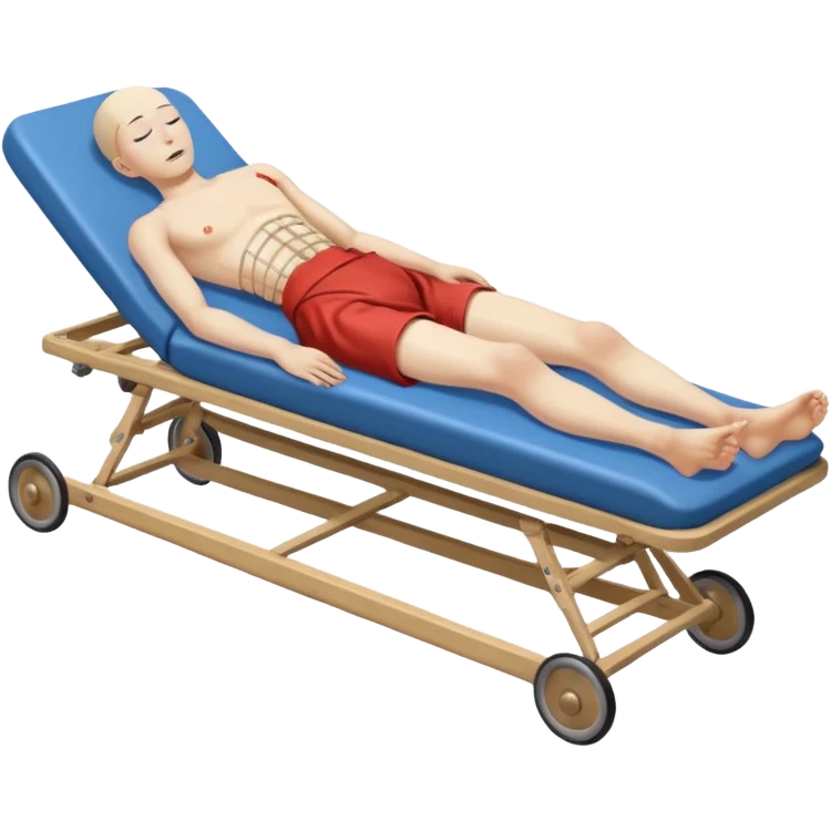 human figure, oriental appearance, full length, lying down, with injuries on an old stretcher, 1980 emoji