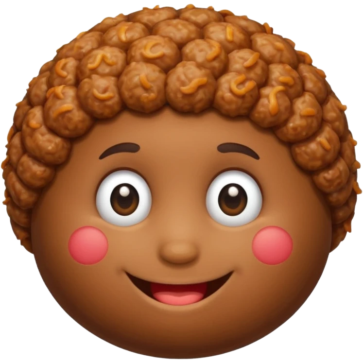 Una polpetta di carne macinata con i capelli ricci scuri e una faccia sorridente  emoji