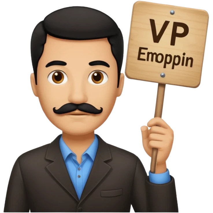 Black haired man with black mustache holding a sign that says VP emoji