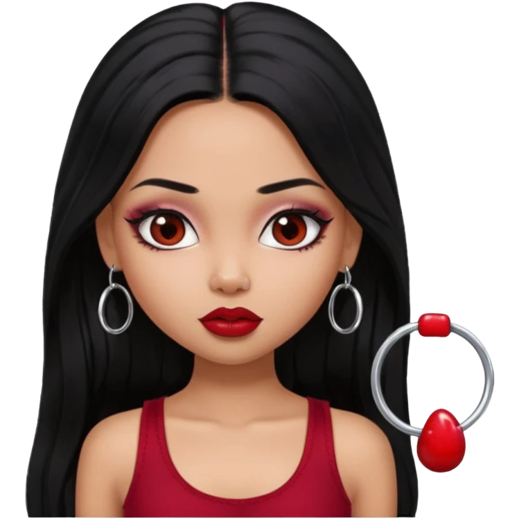 a pretty bratz girl with long black hair, kajal under eyes, small silver hoop. Dark cherry red tank top on.  emoji
