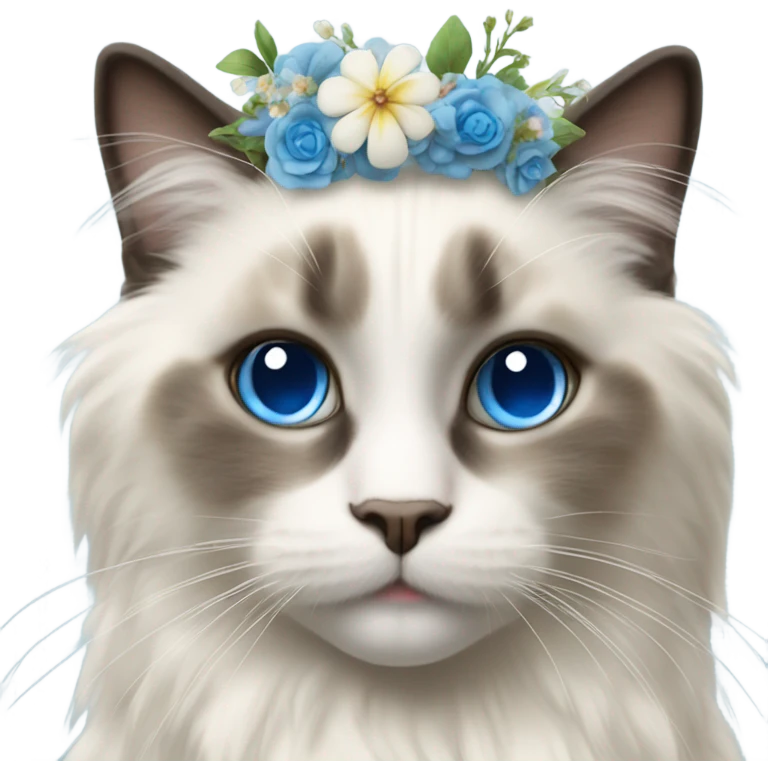 Realistic ragdoll cat with blue eyes wearing flowers  emoji