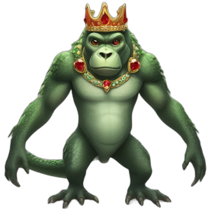 A creature that has a handsome human head with a jeweled crown and a gorilla's body, kangaroo arms, frog legs, a crocodile tail, and red dragon wings. emoji