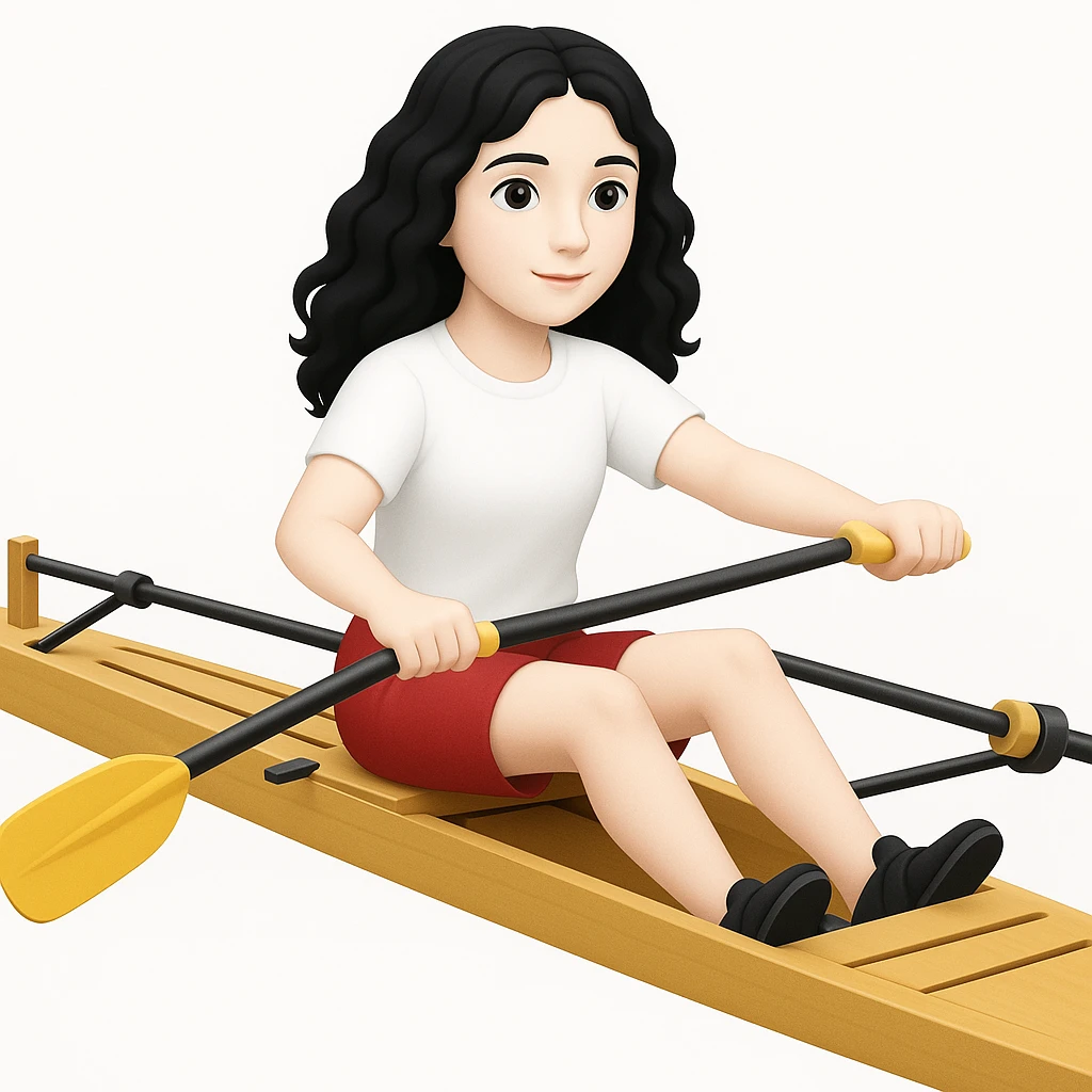 Kızın tenini daha beyaz yap, siyah uzun dalgalı saçlı, kırmızı şort ve beyaz kısa kollu tişörtle olimpik kürek sporu yapıyor emoji