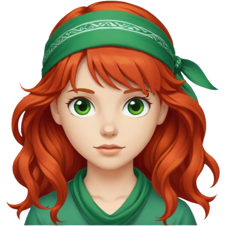 White red-haired girl with wavy long hair, bangs, and a green bandana on her head. emoji