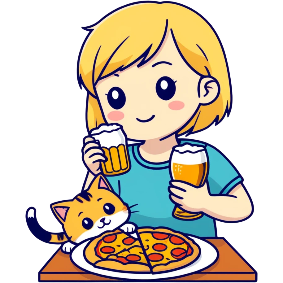 Chica rubia con su gato con una cerveza y su gato Comiendo pizza y ella comiendo croquetas  emoji