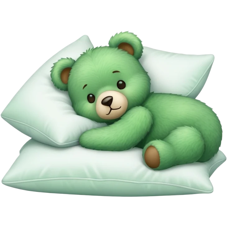 Cute Green fluffly teddy bear sleeping on a White pillow emoji