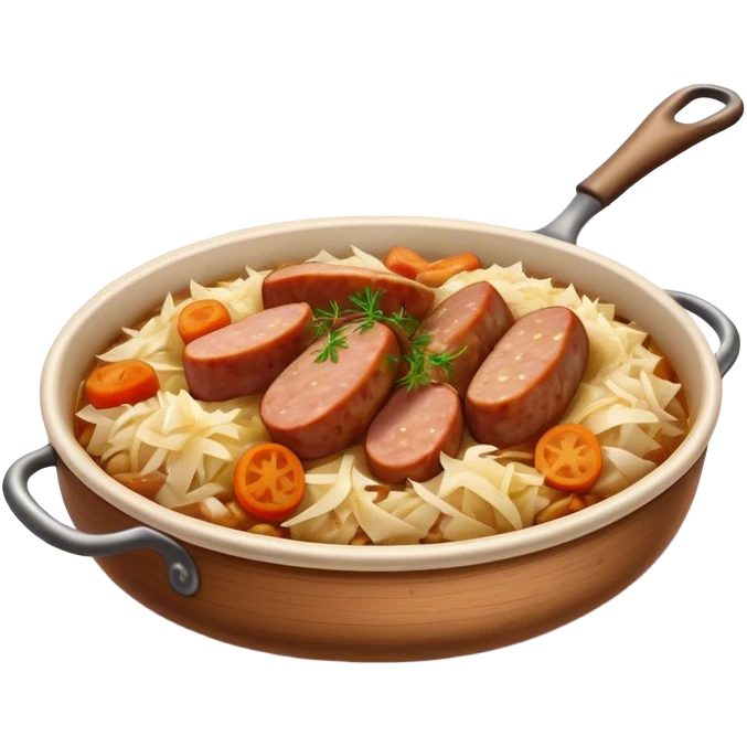 Cinematic Realistic Bigos Dish Emoji, showcasing a hearty stew of sauerkraut and meats rendered with rich textures and dynamic, rustic lighting. emoji