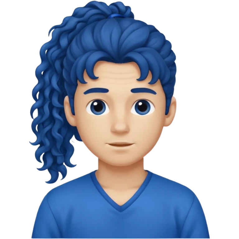 یه پسر با موهای  بلند و فرفری با لباس ابی موهاش رو دُم اسبی  بسته باشه emoji