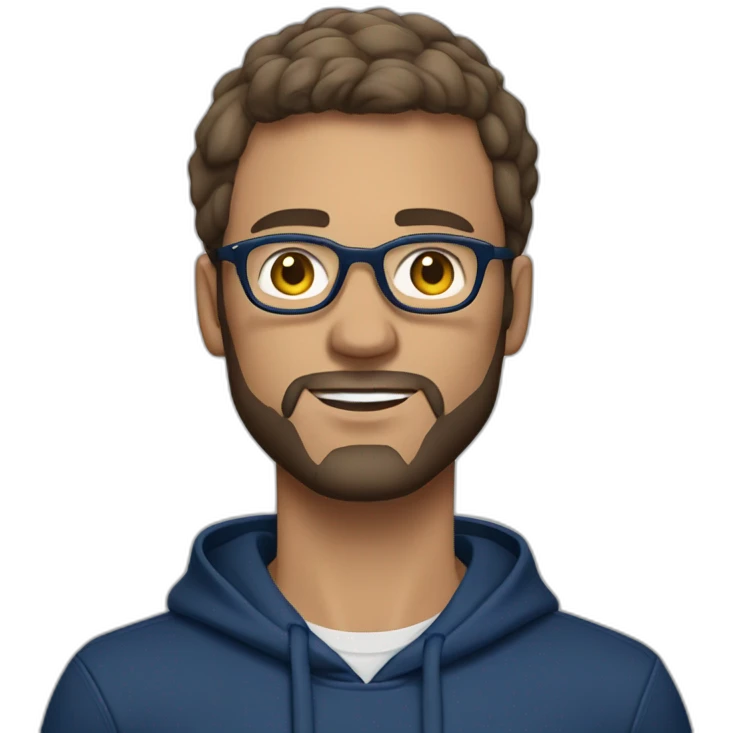 Brown short hair white man with a beard and round glasses typing on apple computer wearing a dark blue nike hoodie emoji