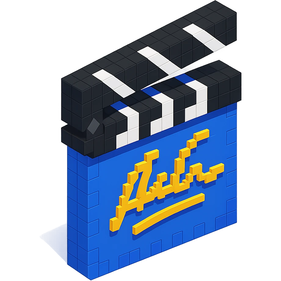 voxel style movie clapperboard with a gold director's signature, isometric view emoji