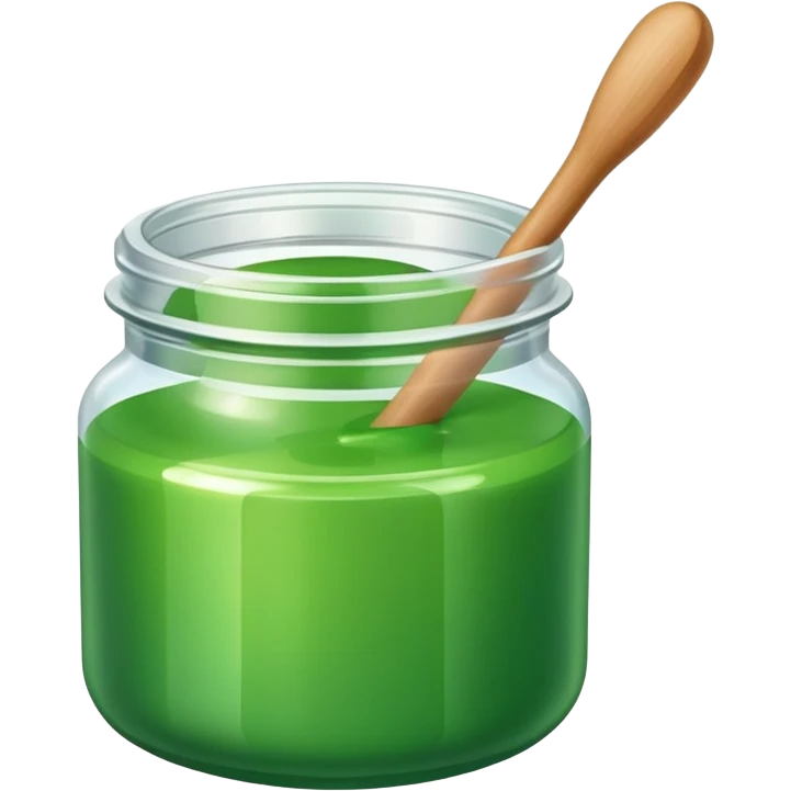 A small open plastic jar of vibrant green wax, wooden stick inside emoji