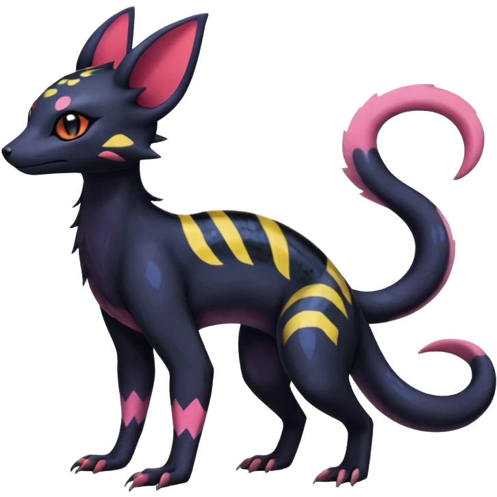 Rare epic aesthetic colorful Salandit-Noibat-Umbreon-Genet-species-Fakemon-hybrid-creature, with markings, full body emoji