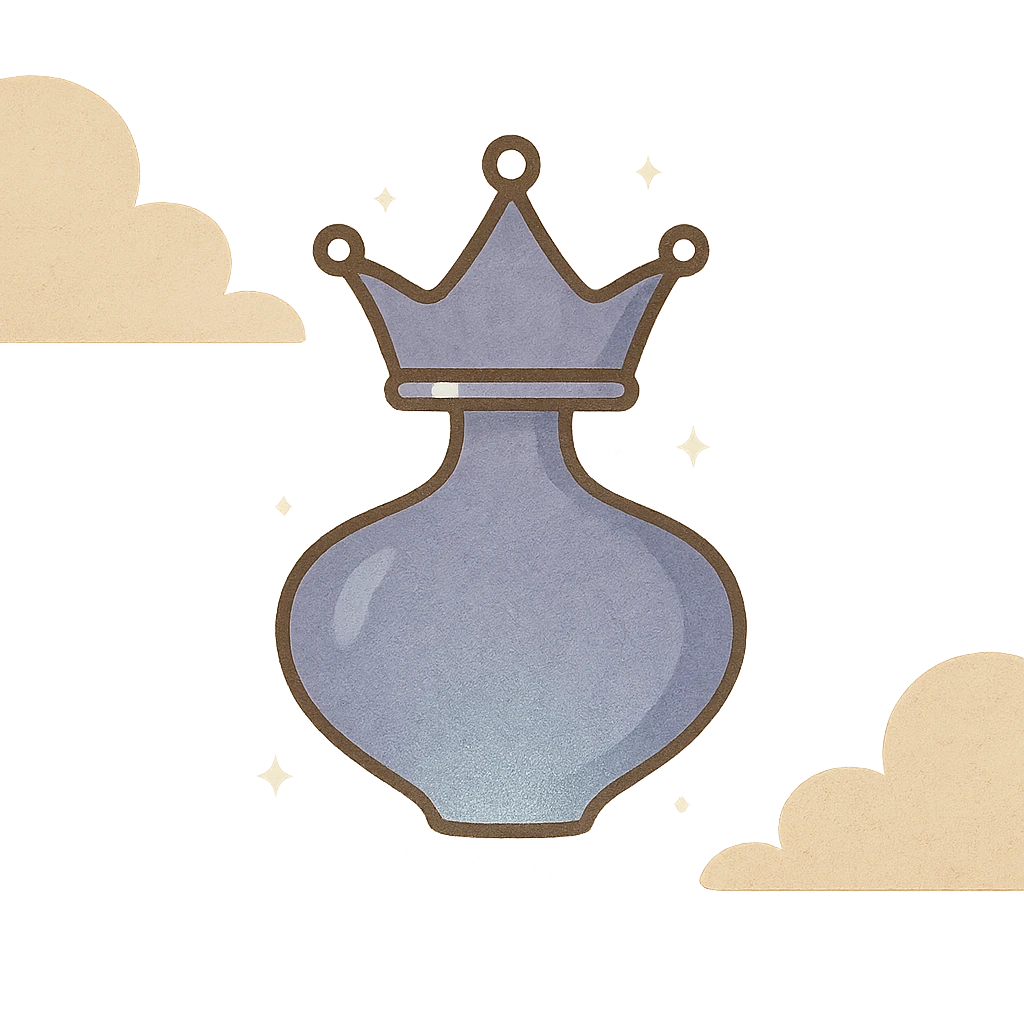 minimalist luxurious small elixir bottle in crown shape, color #7986cb, subtle silver details, soft magical glow, very small neck, seamless bottom, floating in air, no base or shadow, modern, collection style emoji